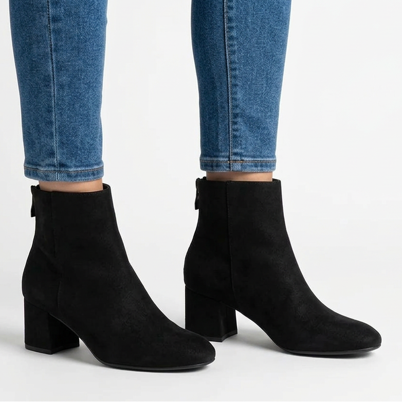 Gail Block Heel Suede-Look Ankle Boots in Black