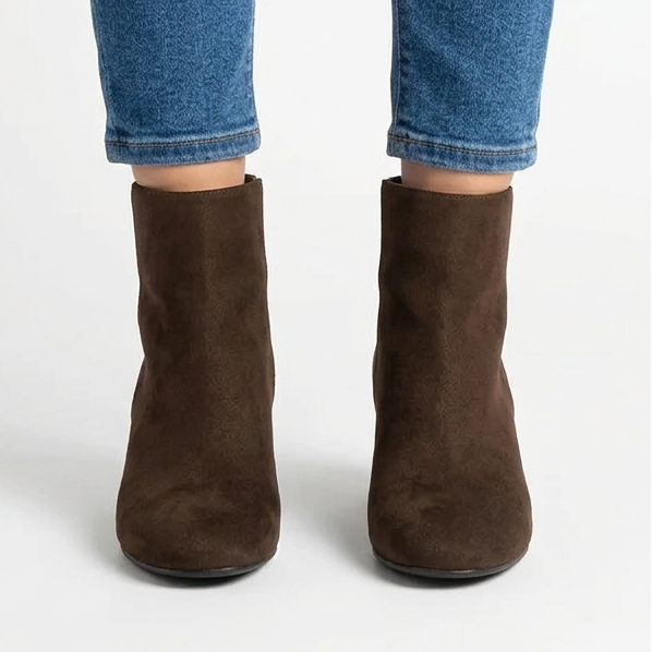 Gail Block Heel Suede-Look Ankle Boots in Brown