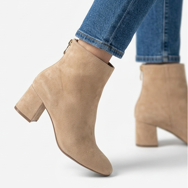 Gail Block Heel Suede-Look Ankle Boots in Sand