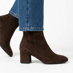 Gail Block Heel Suede-Look Ankle Boots in Brown