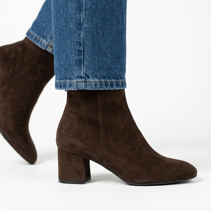Gail Block Heel Suede-Look Ankle Boots in Brown