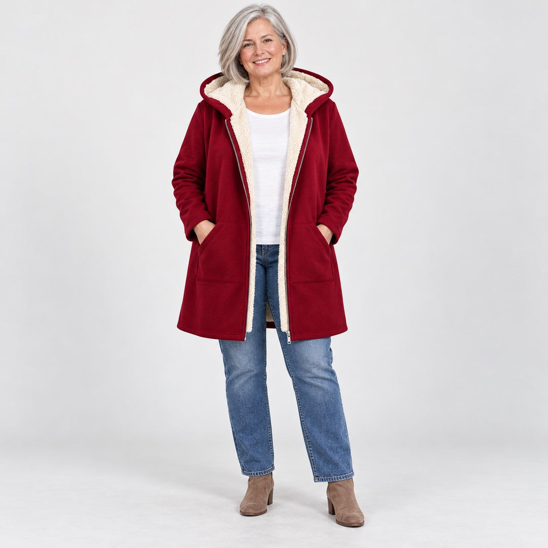 The Carla Fleece Lined Hooded Longline Coat in the studio