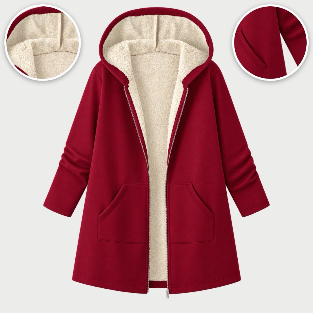 The Carla Fleece Lined Hooded Longline Coat with close-ups of the details