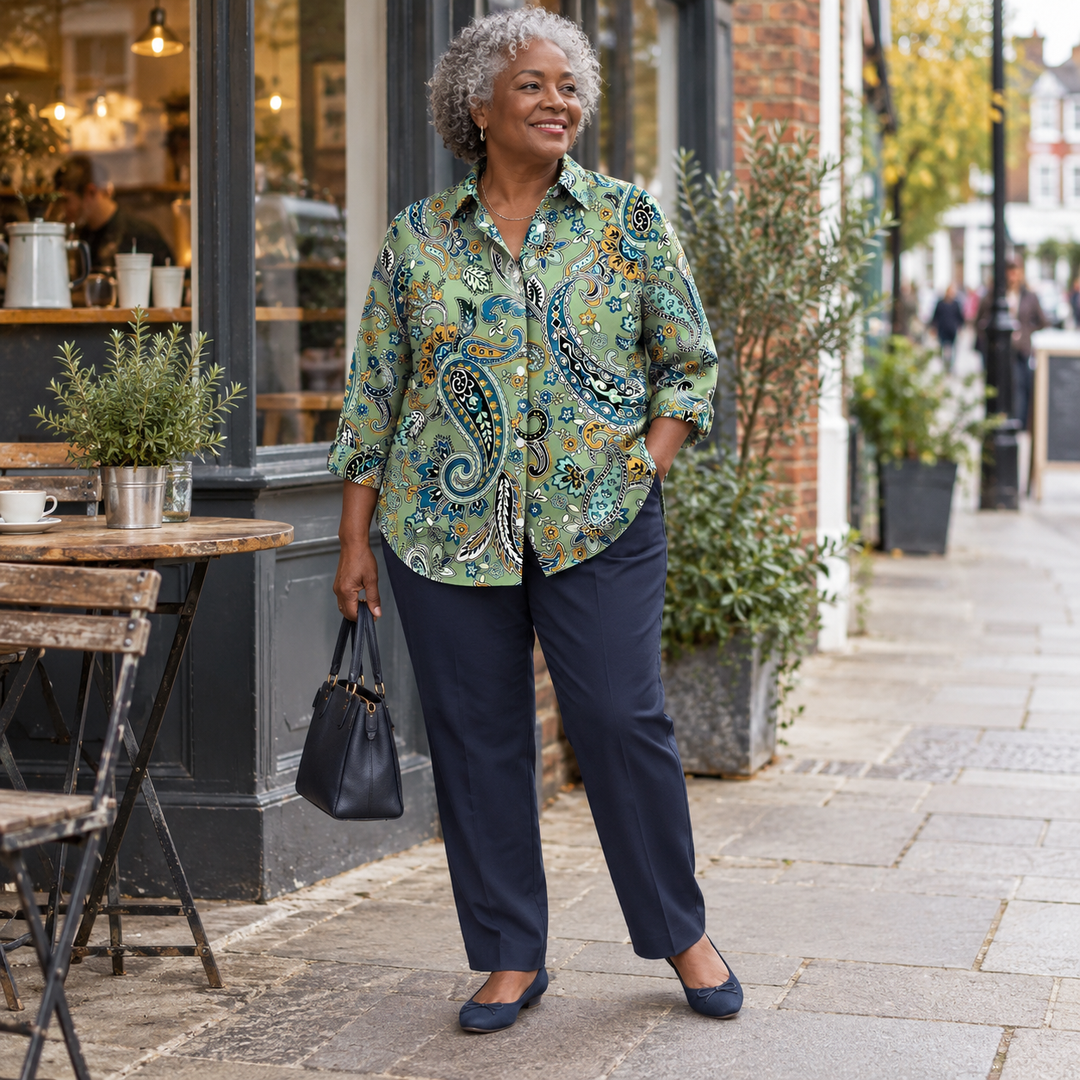 Carole Paisley Print Button-Up Blouse in Sage Green - worn in town