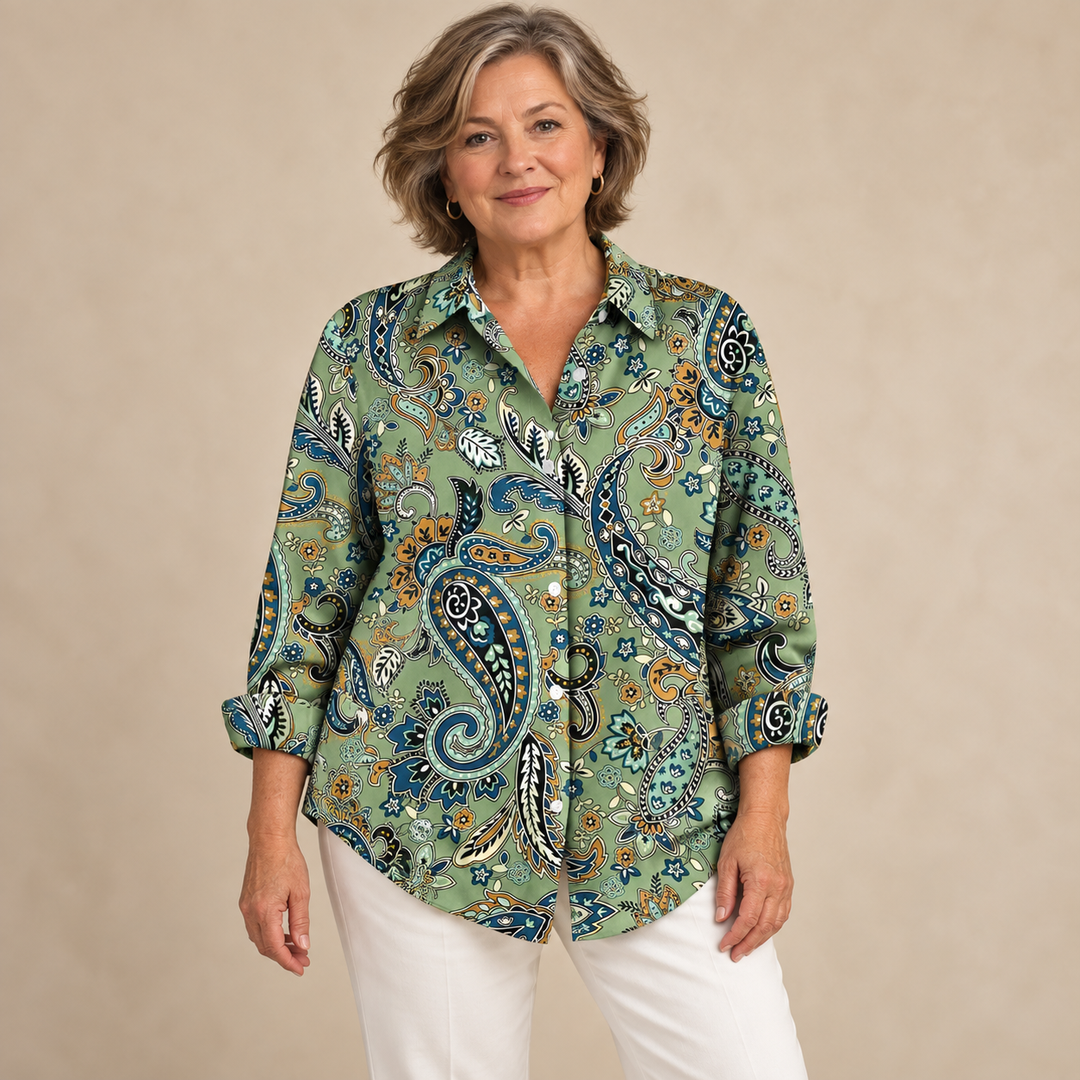 Carole Paisley Print Button-Up Blouse in Sage Green - studio