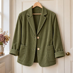 Carolyn Relaxed Corduroy Blazer in Olive on a hanger