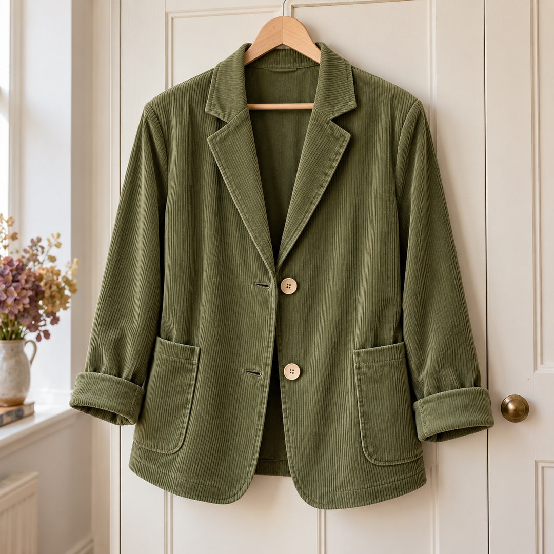 Carolyn Relaxed Corduroy Blazer in Olive on a hanger