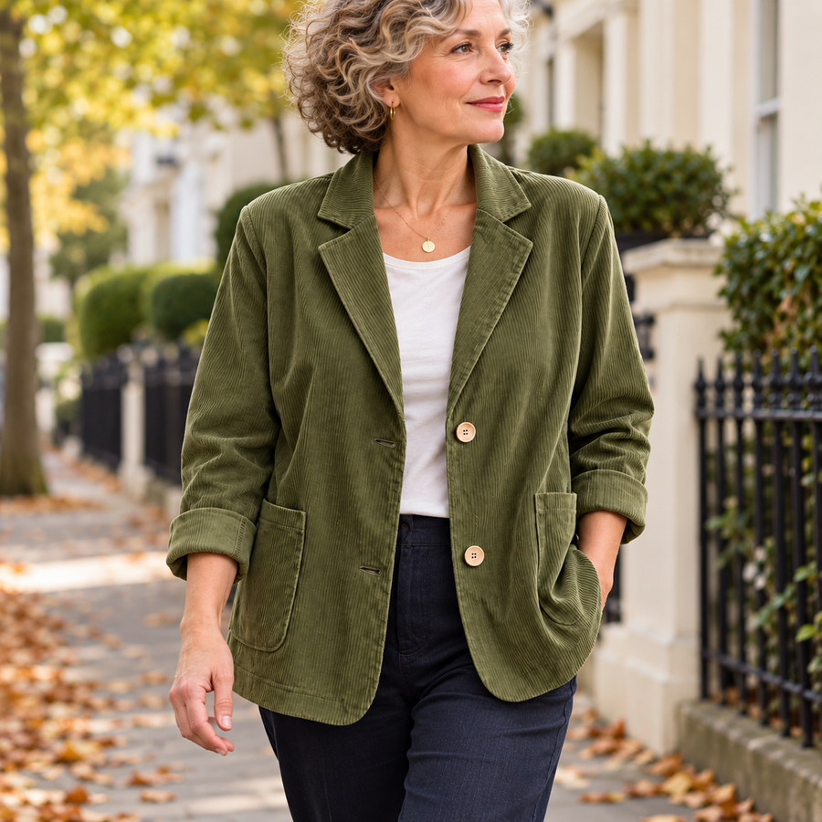 Carolyn Relaxed Corduroy Blazer in Olive, worn out and about