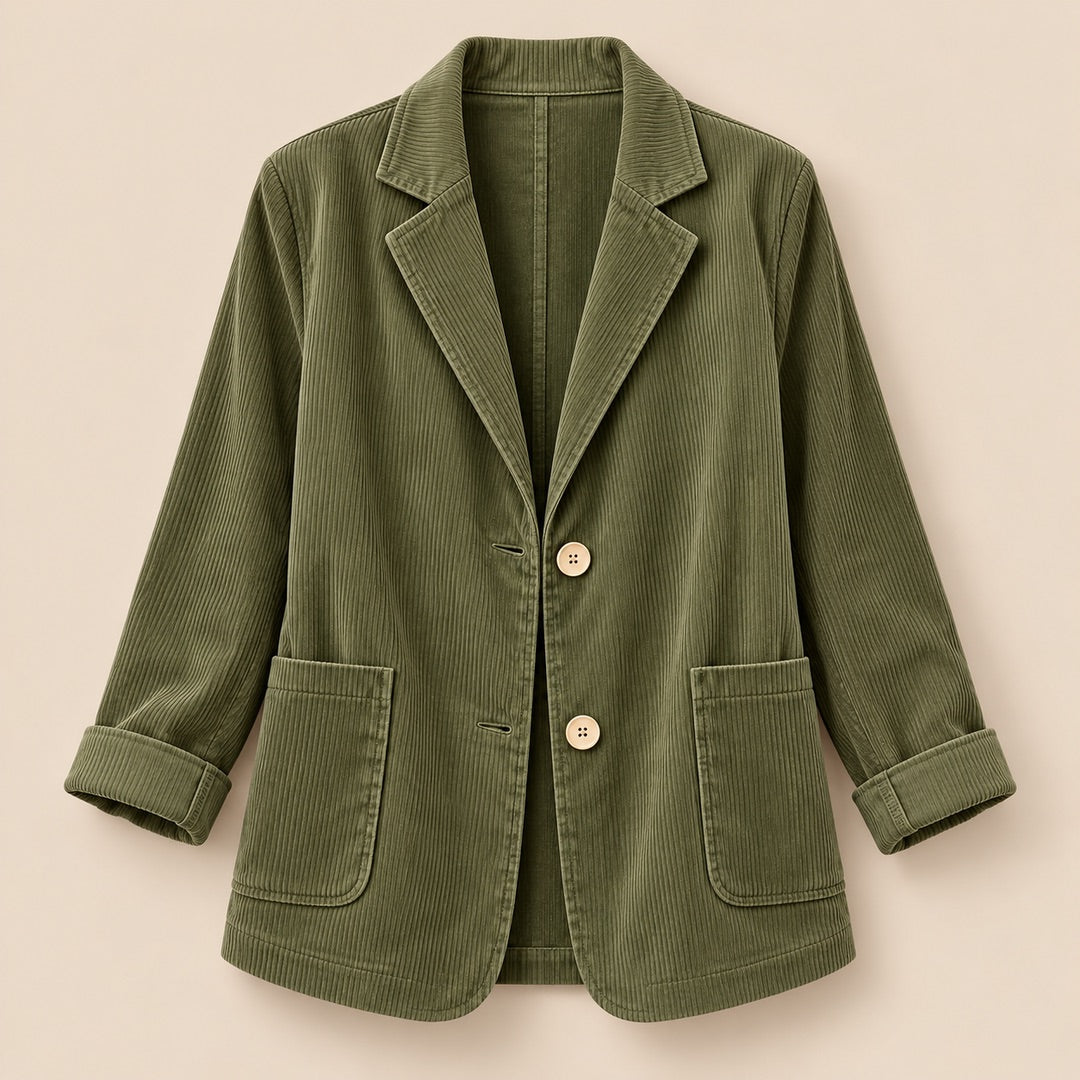 Carolyn Relaxed Corduroy Blazer in Olive, the whole piece laid flat