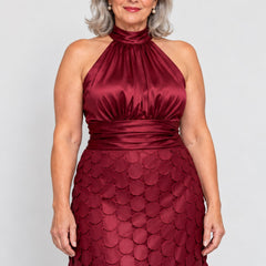 Close-up of the Cecily Satin Halter Neck Midi Dress with Circle Lace Skirt in Wine