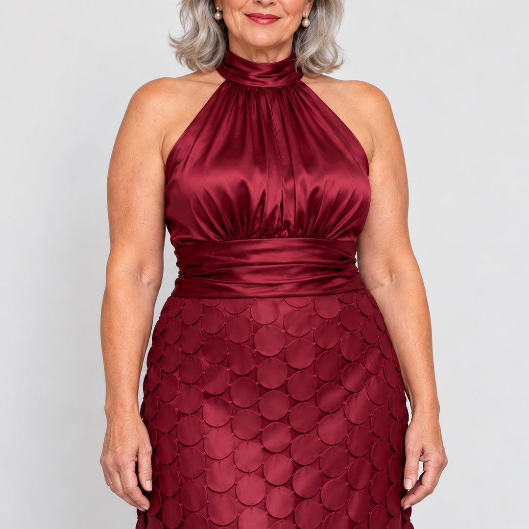 Close-up of the Cecily Satin Halter Neck Midi Dress with Circle Lace Skirt in Wine