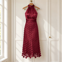 The Cecily Satin Halter Neck Midi Dress with Circle Lace Skirt in Wine on a hanger