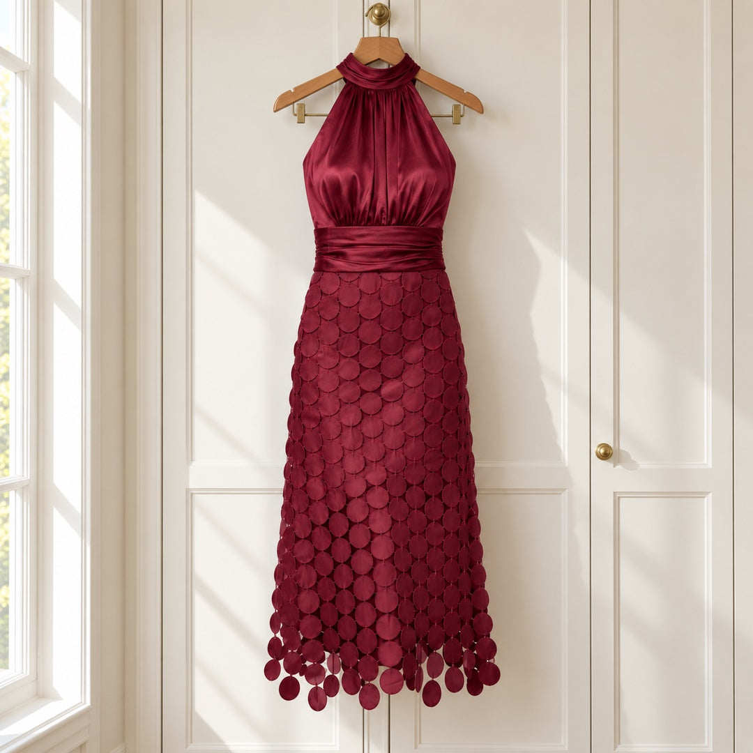 The Cecily Satin Halter Neck Midi Dress with Circle Lace Skirt in Wine on a hanger
