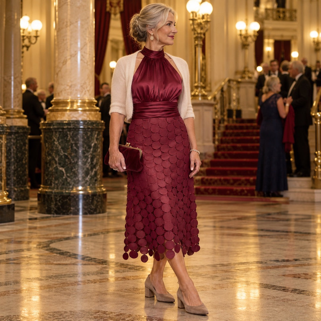 A woman wearing the Cecily Satin Halter Neck Midi Dress with Circle Lace Skirt in Wine
