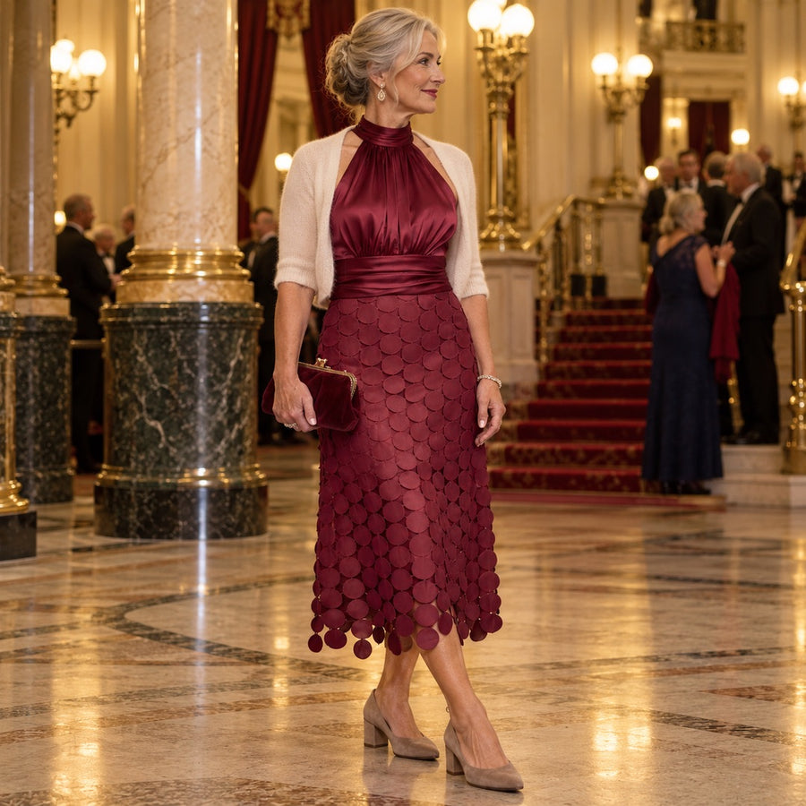 A woman wearing the Cecily Satin Halter Neck Midi Dress with Circle Lace Skirt in Wine