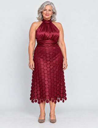 The Cecily Satin Halter Neck Midi Dress with Circle Lace Skirt in Wine