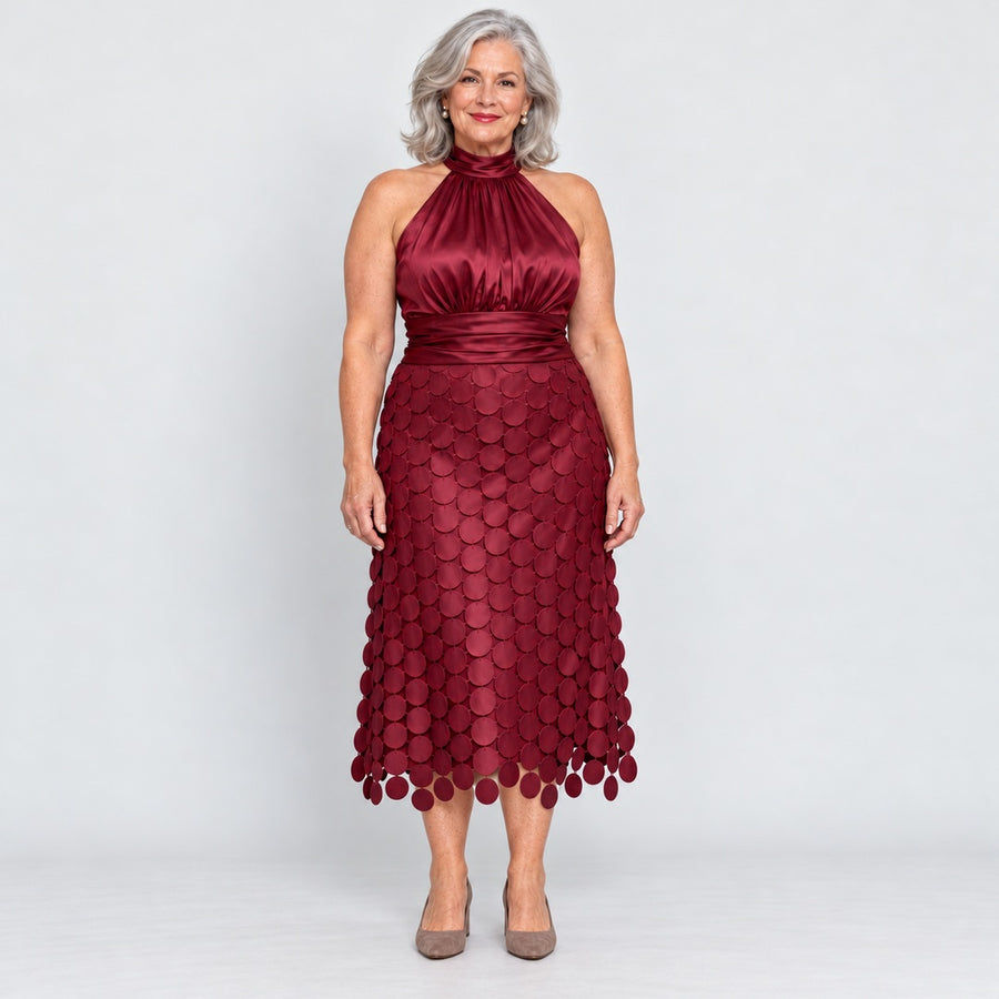 The Cecily Satin Halter Neck Midi Dress with Circle Lace Skirt in Wine