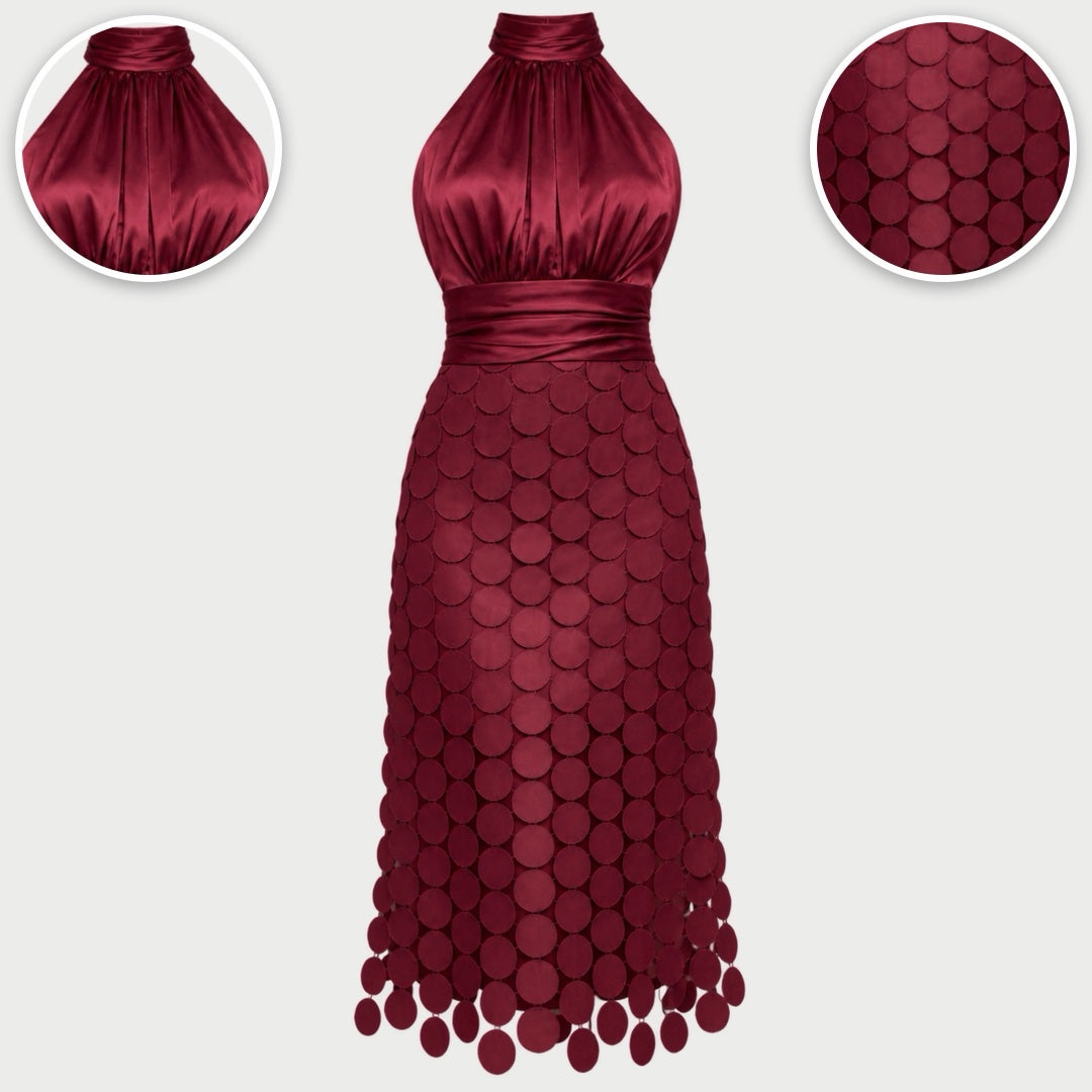 The Cecily Satin Halter Neck Midi Dress with Circle Lace Skirt in Wine, with close-ups of the details