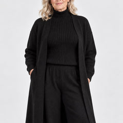 Close-up of the Celia Three-Piece Knit Set with Long Cardigan in Black