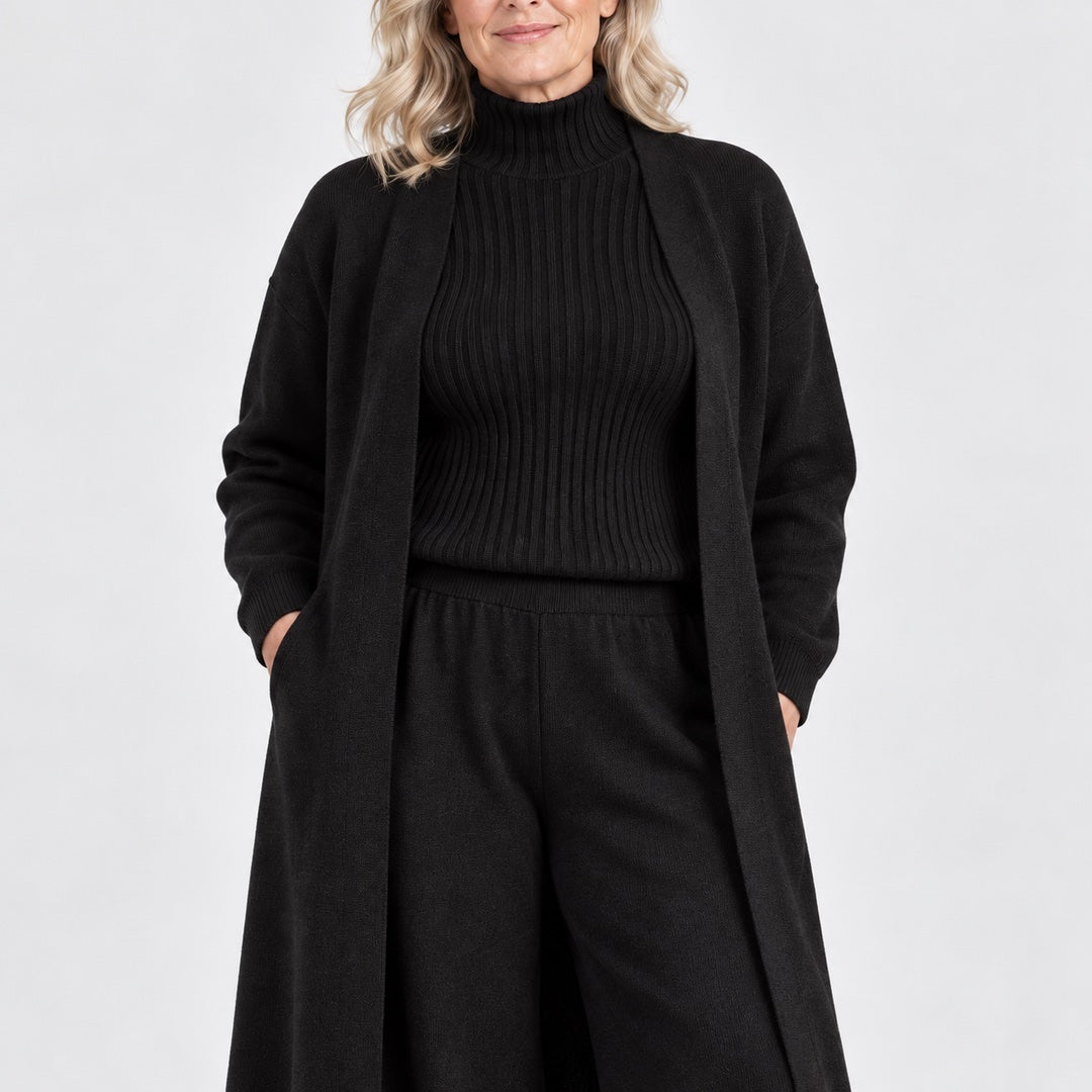 Close-up of the Celia Three-Piece Knit Set with Long Cardigan in Black