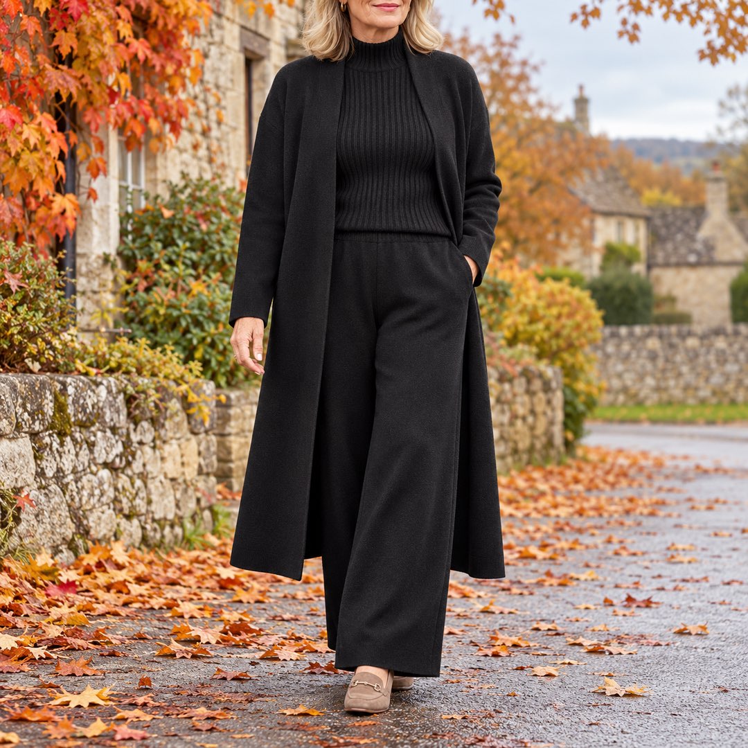 A woman wearing the Celia Three-Piece Knit Set with Long Cardigan in Black