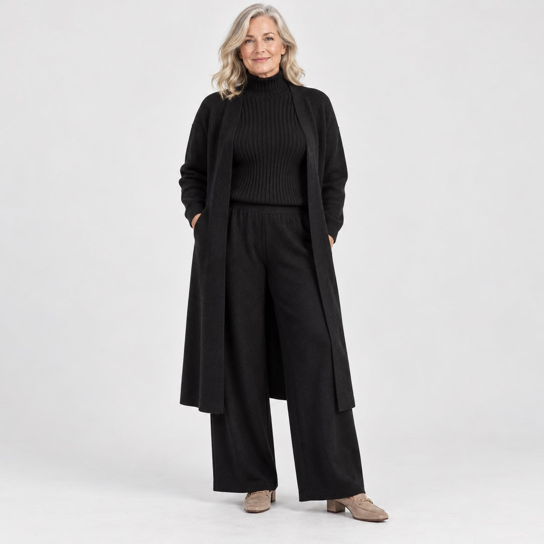 The Celia Three-Piece Knit Set with Long Cardigan in Black