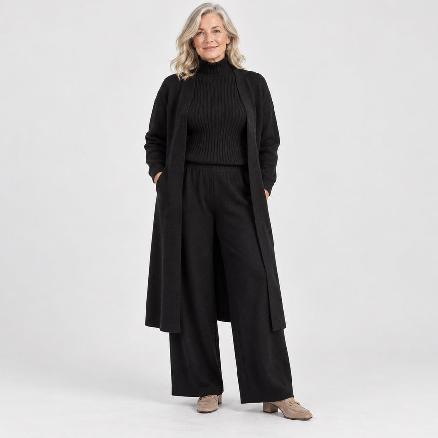 The Celia Three-Piece Knit Set with Long Cardigan in Black