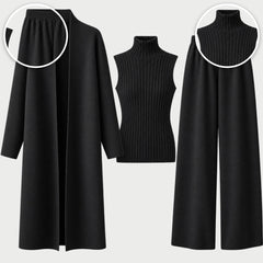 The Celia Three-Piece Knit Set with Long Cardigan in Black, with close-ups of the details