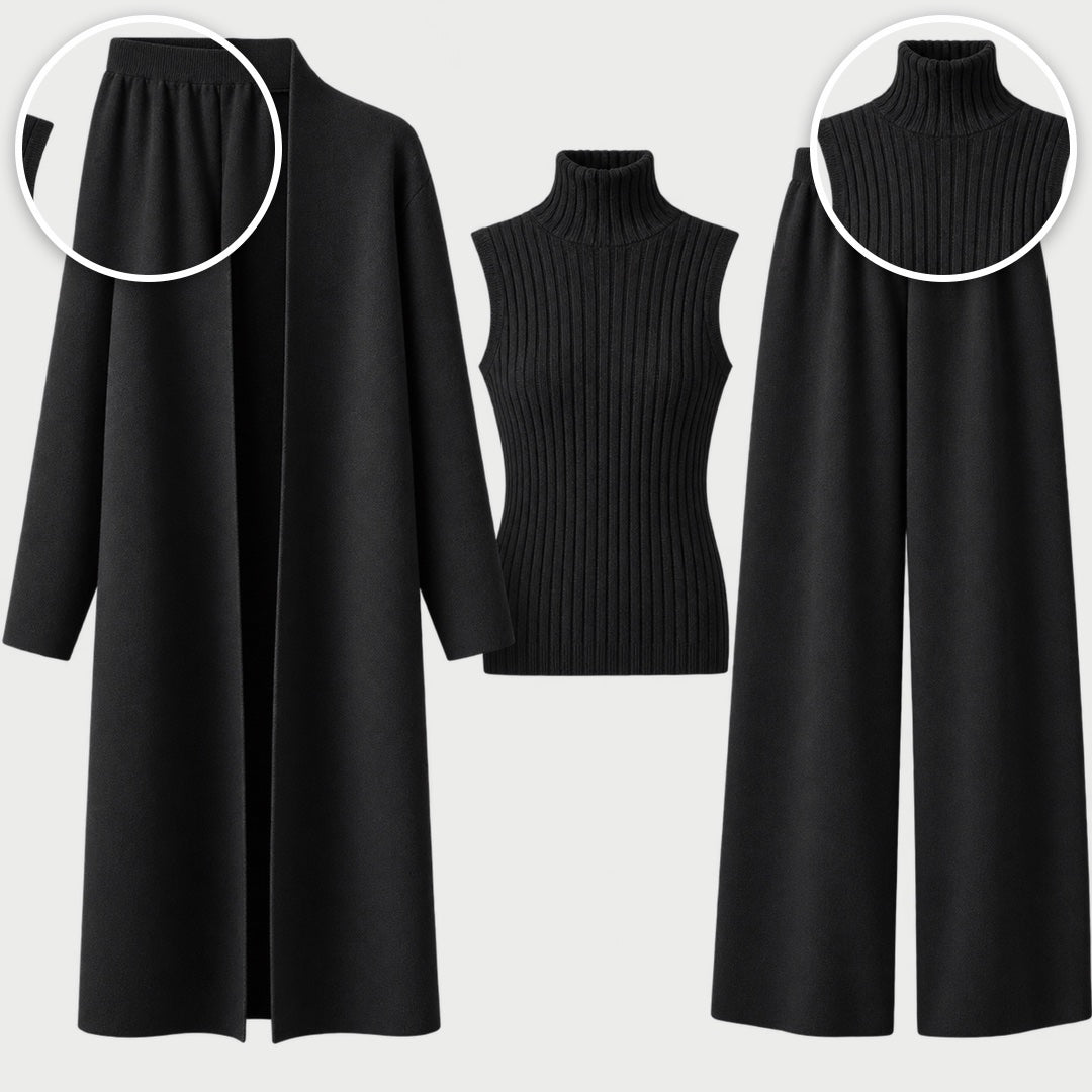 The Celia Three-Piece Knit Set with Long Cardigan in Black, with close-ups of the details