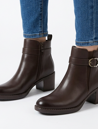 Shirley Buckle Strap Heeled Ankle Boots in Brown