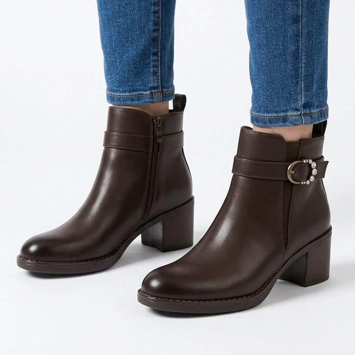 Shirley Buckle Strap Heeled Ankle Boots in Brown