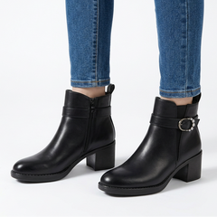 Shirley Buckle Strap Heeled Ankle Boots in Black