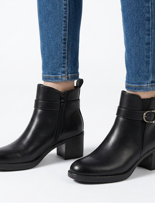 Shirley Buckle Strap Heeled Ankle Boots in Black