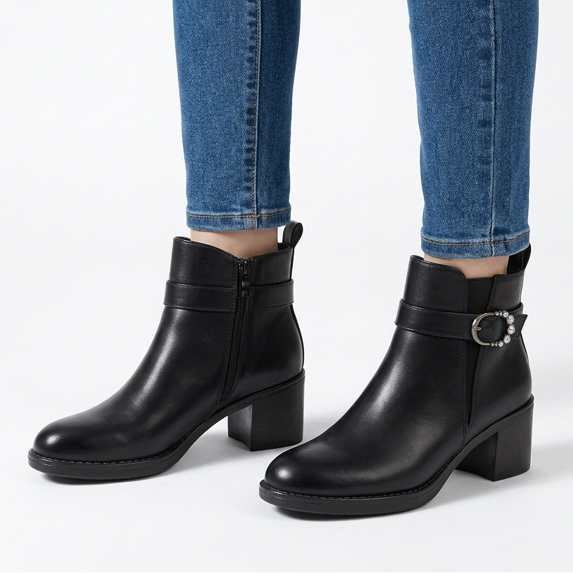 Shirley Buckle Strap Heeled Ankle Boots in Black
