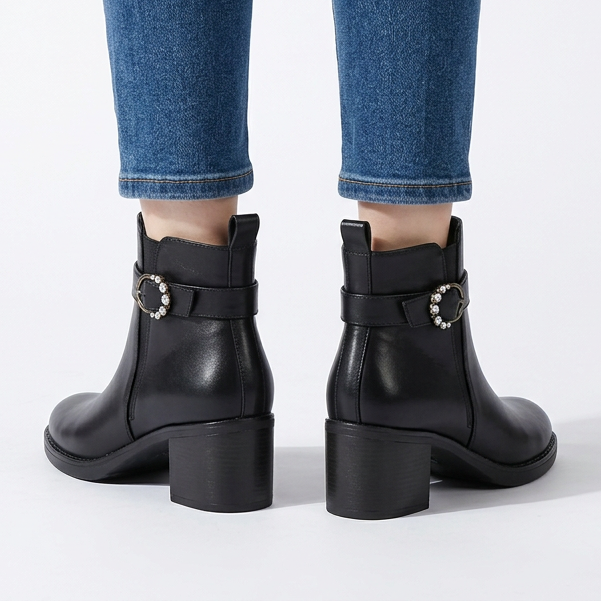 Shirley Buckle Strap Heeled Ankle Boots in Black