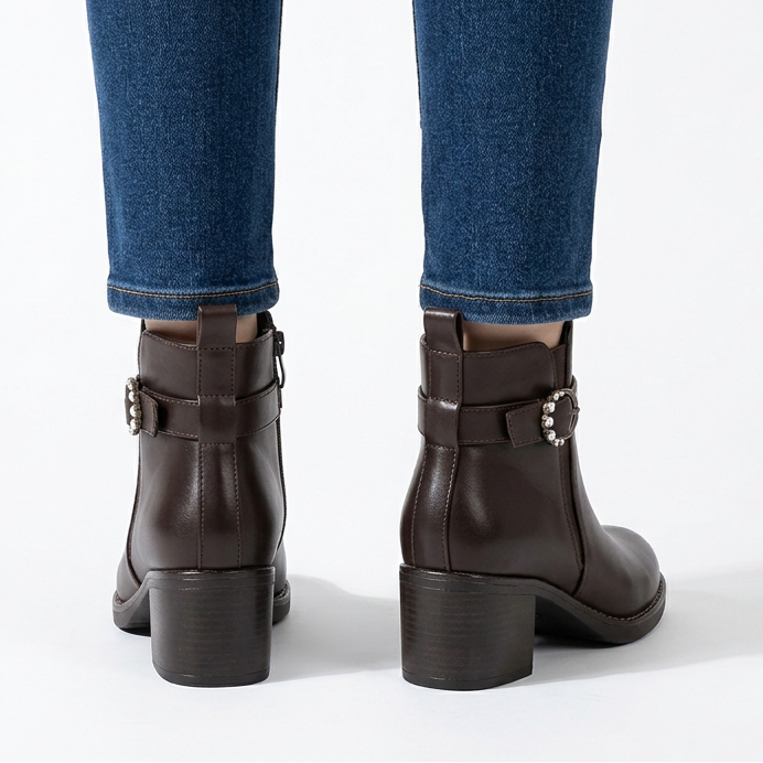 Shirley Buckle Strap Heeled Ankle Boots in Brown