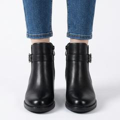 Shirley Buckle Strap Heeled Ankle Boots in Black