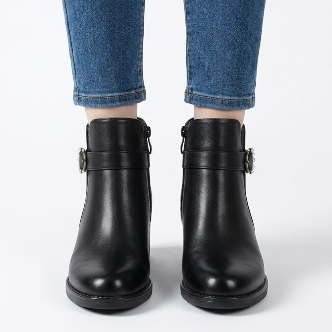 Shirley Buckle Strap Heeled Ankle Boots in Black