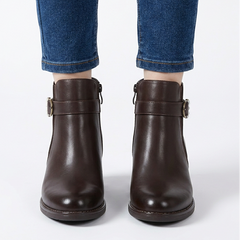 Shirley Buckle Strap Heeled Ankle Boots in Brown