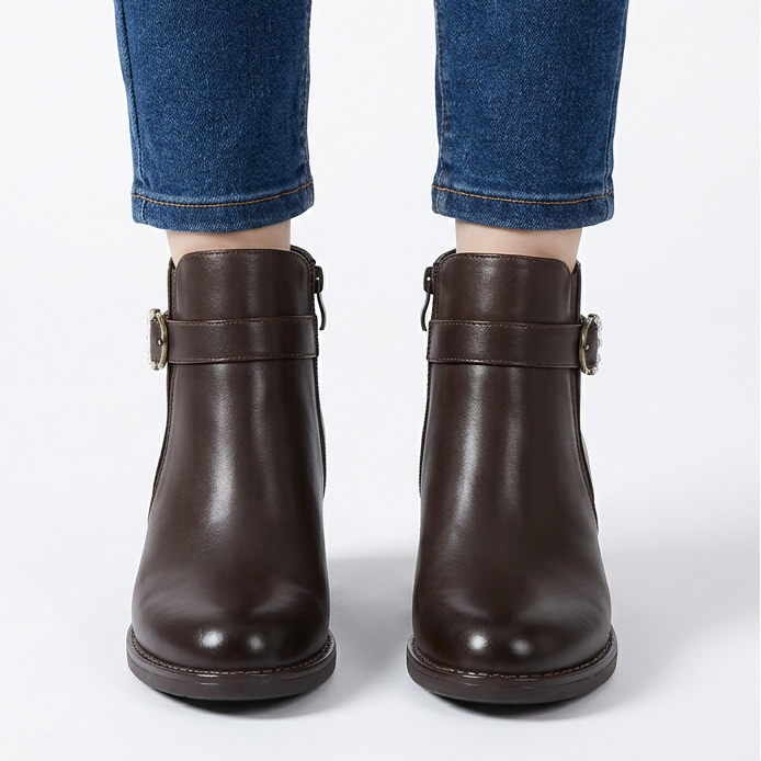 Shirley Buckle Strap Heeled Ankle Boots in Brown