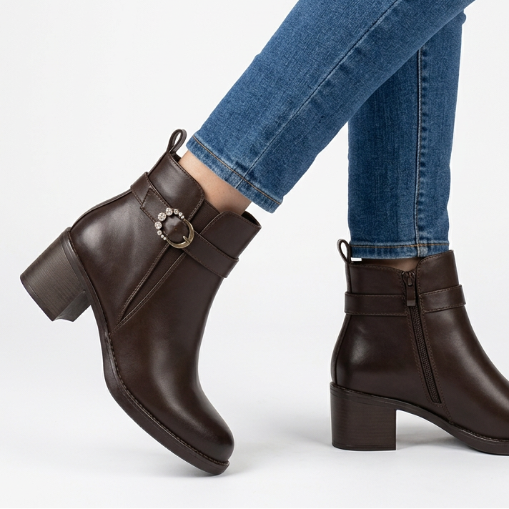 Shirley Buckle Strap Heeled Ankle Boots in Brown