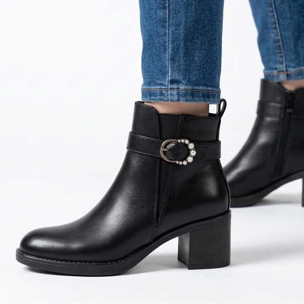 Shirley Buckle Strap Heeled Ankle Boots in Black