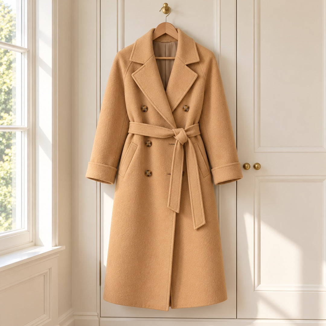 The Collette Long Double Breasted Belted Coat on a hanger