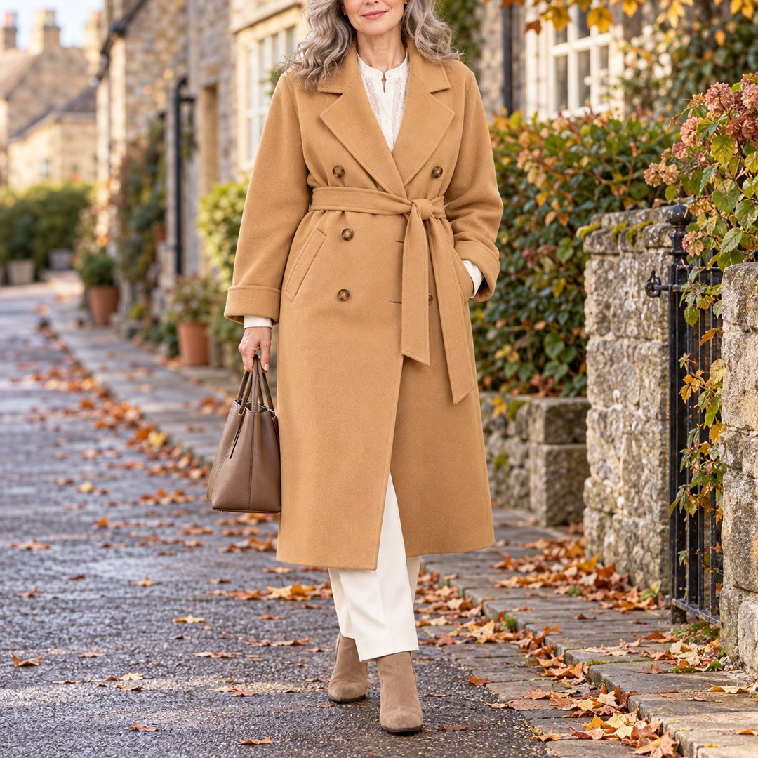The Collette Long Double Breasted Belted Coat worn out and about