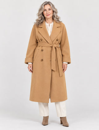 The Collette Long Double Breasted Belted Coat in the studio