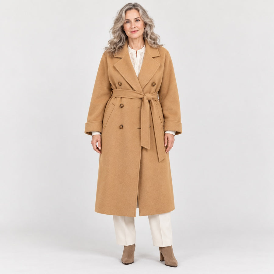 The Collette Long Double Breasted Belted Coat in the studio