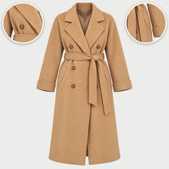 The Collette Long Double Breasted Belted Coat with close-ups of the details