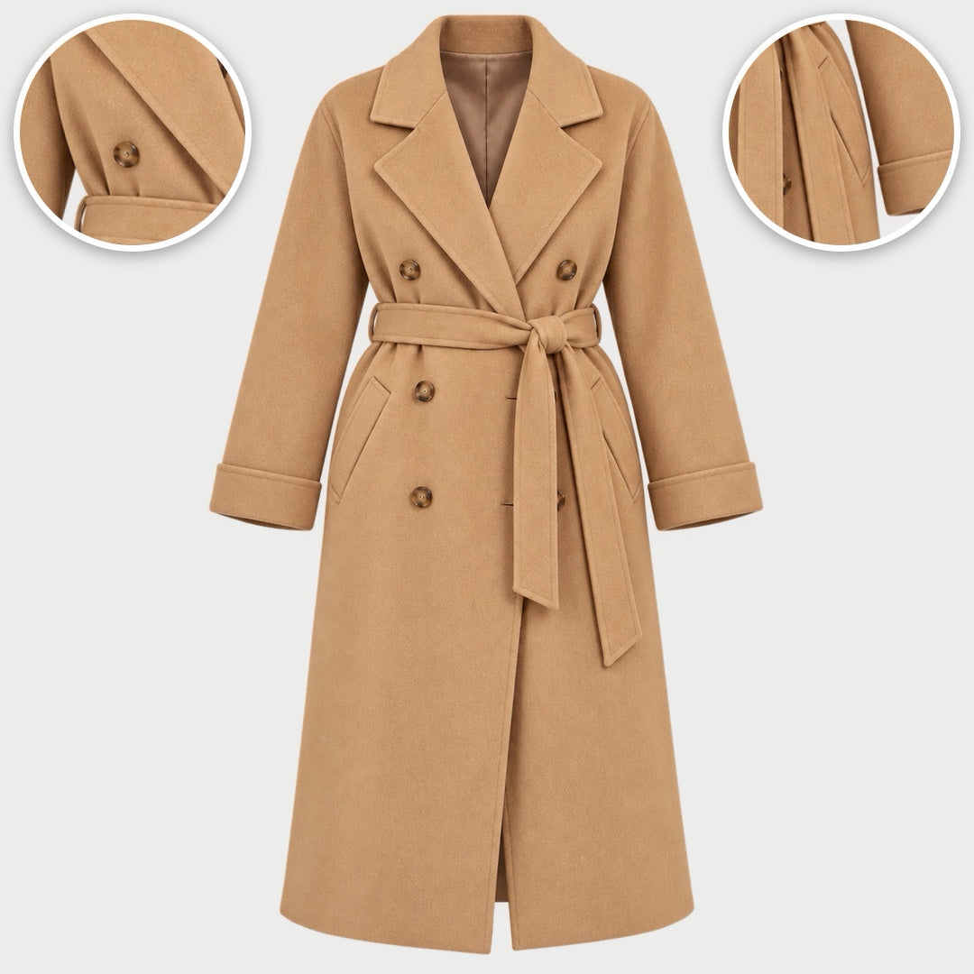 The Collette Long Double Breasted Belted Coat with close-ups of the details