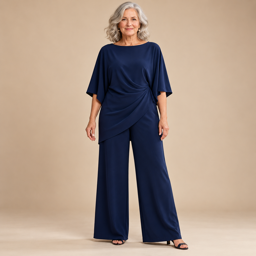 Cynthia Draped Wide-Leg Occasion Set in Navy - studio