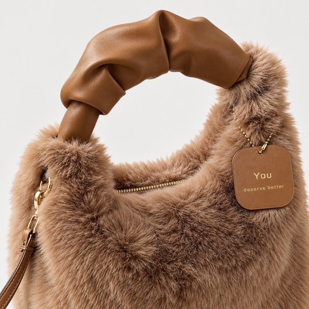 Close-up of the Debbie Faux Fur Shoulder Bag with Top Handle in Brown